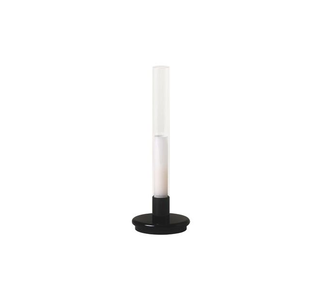 Schwarze Sylvestrina Tischleuchte von Santa Cole mit zylindrischem Glasdiffusor für stimmungsvolle Beleuchtung.